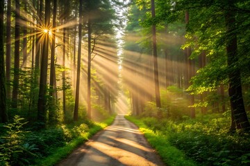 Obraz premium Majestic Sun Rays Piercing Through Tall Trees on a Forest Path