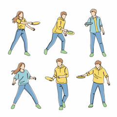 Set of Young People Playing Frisbee in Continuous Line Art Style, Illustrating Outdoor Sport and Leisure Activities.
