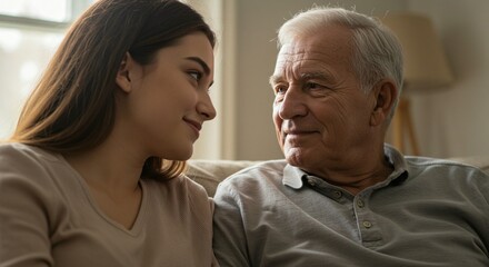 Intimate Intergenerational Connection: A younger woman shares a tender moment with an older man, fostering family bonds and love.
