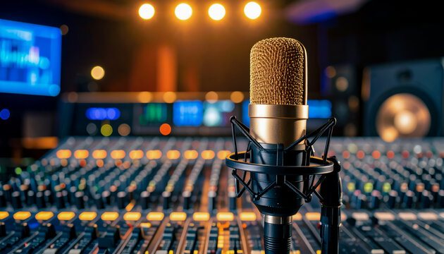 microphone in room with copy space background - Powered by Adobe