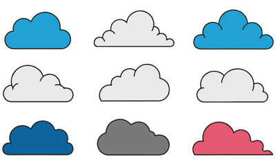 Fototapeta premium Diverse Cloud Formations Vector Set: Collection of Stylized Weather Clouds Including Cumulus, Stratus, Nimbus, and Rain Clouds for Meteorology, Design, and Educational Use.