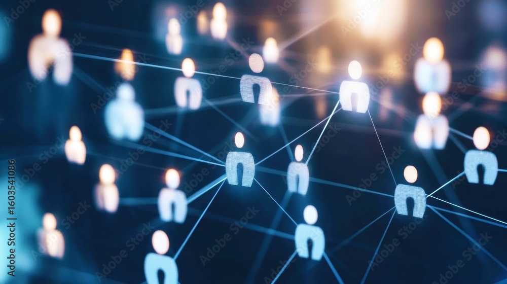 Poster digital network connection with glowing silhouettes of people connected by lines in a futuristic tec