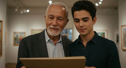 Two generations sharing art appreciation, a moment of connection in the art gallery setting with paintings on the wall.