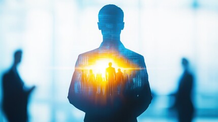 Business Leader Silhouette with Digital Overlay of Diverse Team in Office Environment Representing Collaboration and Innovation in a Modern Workspace