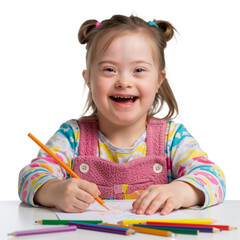 Young girl with Down syndrome drawing happily at the table, creative moment, isolated on a white background

