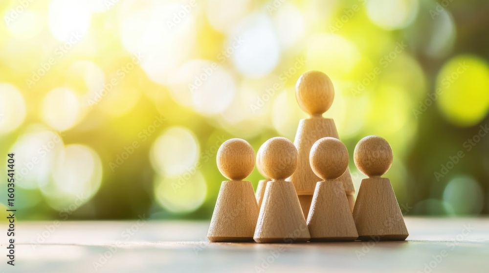 Poster wooden game pieces representing teamwork and collaboration on a natural background with soft bokeh e