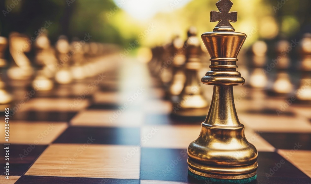 Poster golden chess king piece in focus on wooden chessboard with blurred background of chess pieces and su