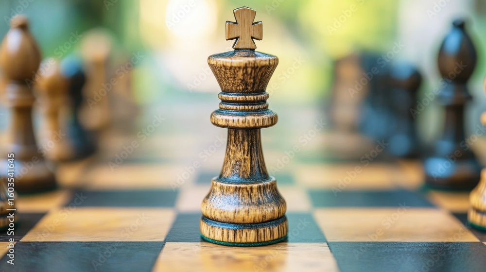 Poster close-up view of a chess king's wooden piece on a checkerboard in outdoor setting with bokeh backgro