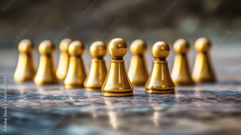 Poster golden game pieces aligned on a table ready for action, perfect for board game themed designs and co
