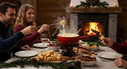 People enjoying cheese fondue by the fireplace in a cozy cabin with various side dishes on the table