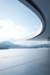 Modern Architectural Terrace with Curved Design Overlooking a Mountainous Landscape