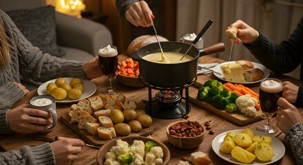 A group enjoying cheese fondue with bread potatoes and vegetables in a warm cozy and inviting setting