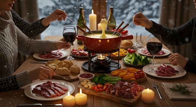 People eating cheese fondue with red wine and various meats and vegetables in a winter setting indoors
