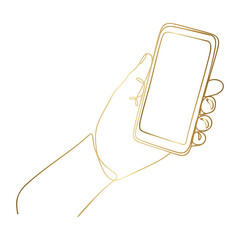 Golden Hand Holding Phone Line Art on Transparent Backdrop for Technology and Mobile