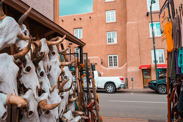 Steer skulls at a souvenir shop in Downtown Santa Fe near the Santa Fe Plaza