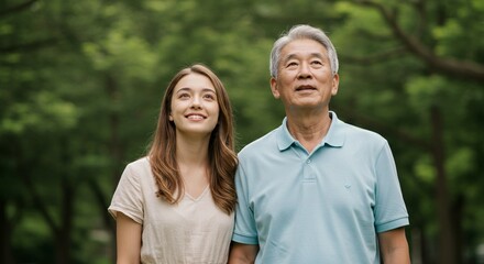 Fototapeta premium Father and daughter share a special moment in nature, gazing upwards with wonder. A heartwarming intergenerational connection is captured.