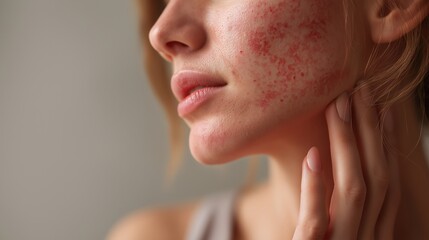 Close-up of a young woman"s face with red, irritated acne lesions on her cheek, highlighting skin inflammation and discomfort.