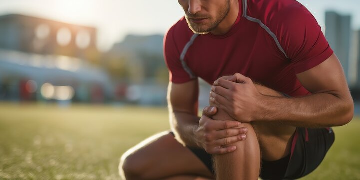 A man in sportswear clutches his knee in pain on a field during sunset, suggesting a sports injury or physical discomfort.