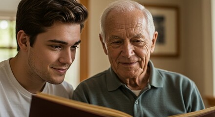 A close-up of an elderly man and a younger man looking at a photo album, sharing memories and family history together with smiles.