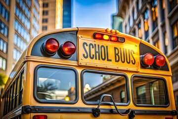 Iconic yellow school bus driving through a bustling city street on a sunny day