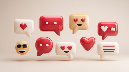 3D Social media likes and emoji icon set. Speech bubble messages with red and beige hearts. Love chat. Reaction buttons. 