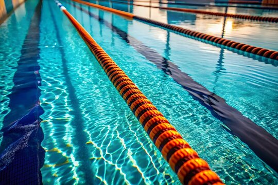 Perspective view of a brightly lit indoor swimming pool with blue water and lane markers