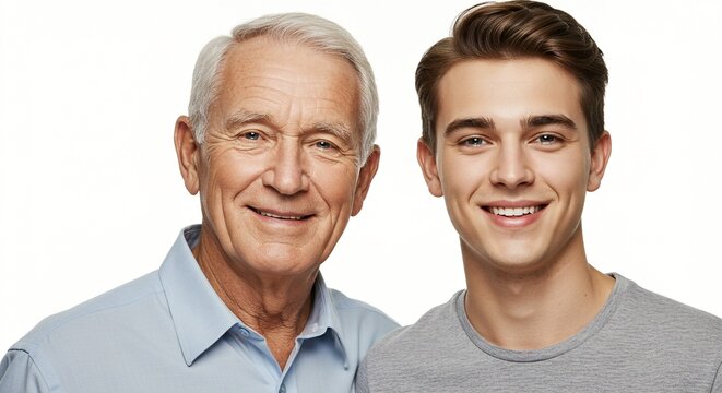 A heartwarming portrait of two generations, a senior man and a young man, smiling brightly against a plain background, showing a connection.