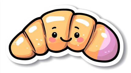 kawaii croissant sticker illustration with a sweet smile, shiny glaze, and blushing cheeks