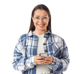 Young woman in stylish eyeglasses using mobile phone on white background