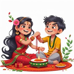 Fototapeta premium Cute Indian Brother and Sister Celebrating Raksha Bandhan with Rakhi and Gifts – AI-Generated