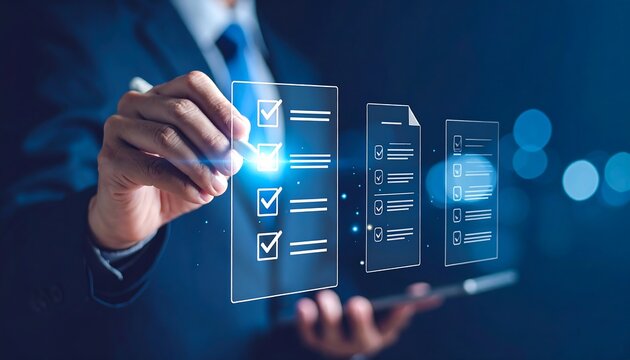 Businessperson checking off tasks on a digital checklist - Powered by Adobe