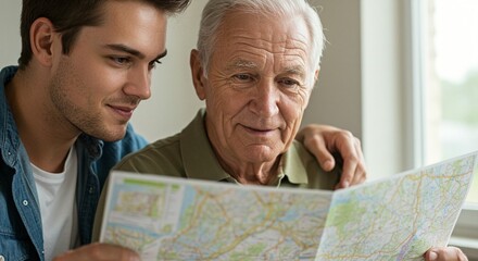 Two generations plan a trip together, father and son looking at a paper map in a bright, sunlit room, spending quality time.