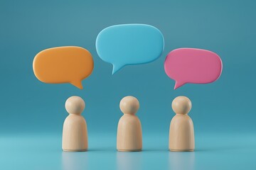 ideas, collaborative discussions. 3D render of three wooden figures standing in front of a blue wall, Three wooden figures stand beneath vibrant speech bubbles a blue backdrop, communication