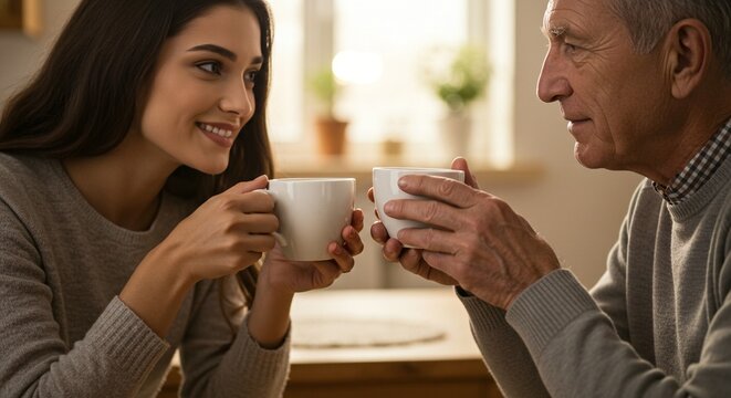 An older man and a younger woman are enjoying a beverage together while facing each other in a bright and warm indoor setting.