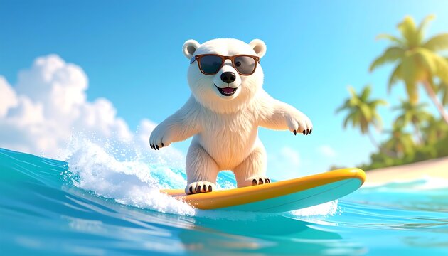 cartoon-style white bear surfing on a bright surfboard in the ocean, wearing sunglasses
