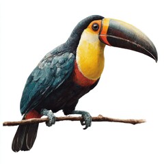 Fototapeta premium Vibrant toucan bird perched on a branch isolated on white background