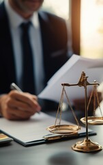 A professional in a suit reviews documents with a golden balance scale symbolizing justice in the foreground, highlighting a legal or business setting.