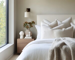 Minimalist bedroom interior with cozy bed, modern bedroom design featuring minimalist decor, bright and serene minimalist bedroom space