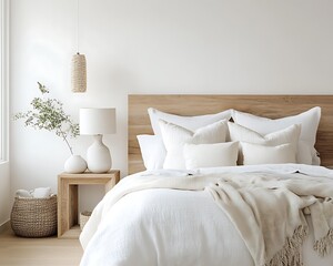Minimalist bedroom interior with cozy bed, modern bedroom design featuring minimalist decor, bright and serene minimalist bedroom space