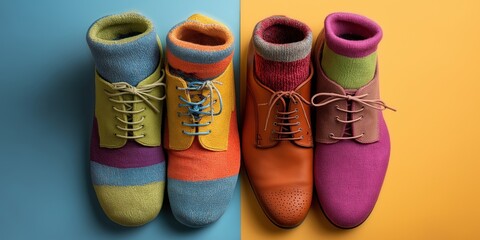 Two pairs of colorful men's shoes with matching socks, one pair knitted and multicolored, the other smooth leather in orange and purple tones on a split blue-yellow background.