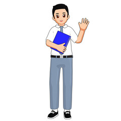 2D school boy character waving and holding a blue folder. Great for back-to-school visuals, greeting cards, or educational materials.

