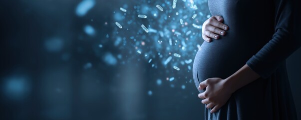 A pregnant woman holds her belly as digital virus particles float nearby, symbolizing pregnancy and health concerns during a pandemic.