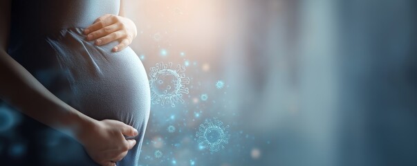 A pregnant woman holds her belly with virus illustrations floating nearby, symbolizing pregnancy and health concerns related to infection or illness.