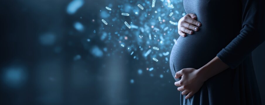 A pregnant woman holds her belly as digital virus particles float nearby, symbolizing pregnancy and health concerns during a pandemic.