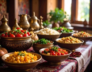 Obraz premium A feast of colorful dishes, arranged in ornate brass bowls on a table