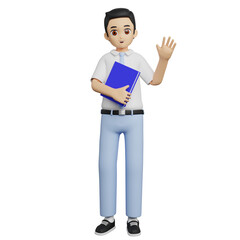 3D student boy character waving and holding a blue folder. Suitable for school-themed visuals, educational guides, and greeting animations or documents.

