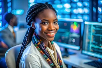 Young black woman smiling in a modern tech office surrounded by computer screens