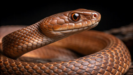 Fototapeta premium Close-Up of Brown Snake with Amber Eyes on Dark Background
