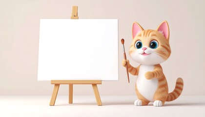 Obraz premium cute minimal cat , holding a paintbrush and painting on a canvas, art studio background