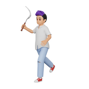 3D vector of a teenage boy holding a sickle weapon. Great for crime, rebellion, or social awareness content involving youth violence.

